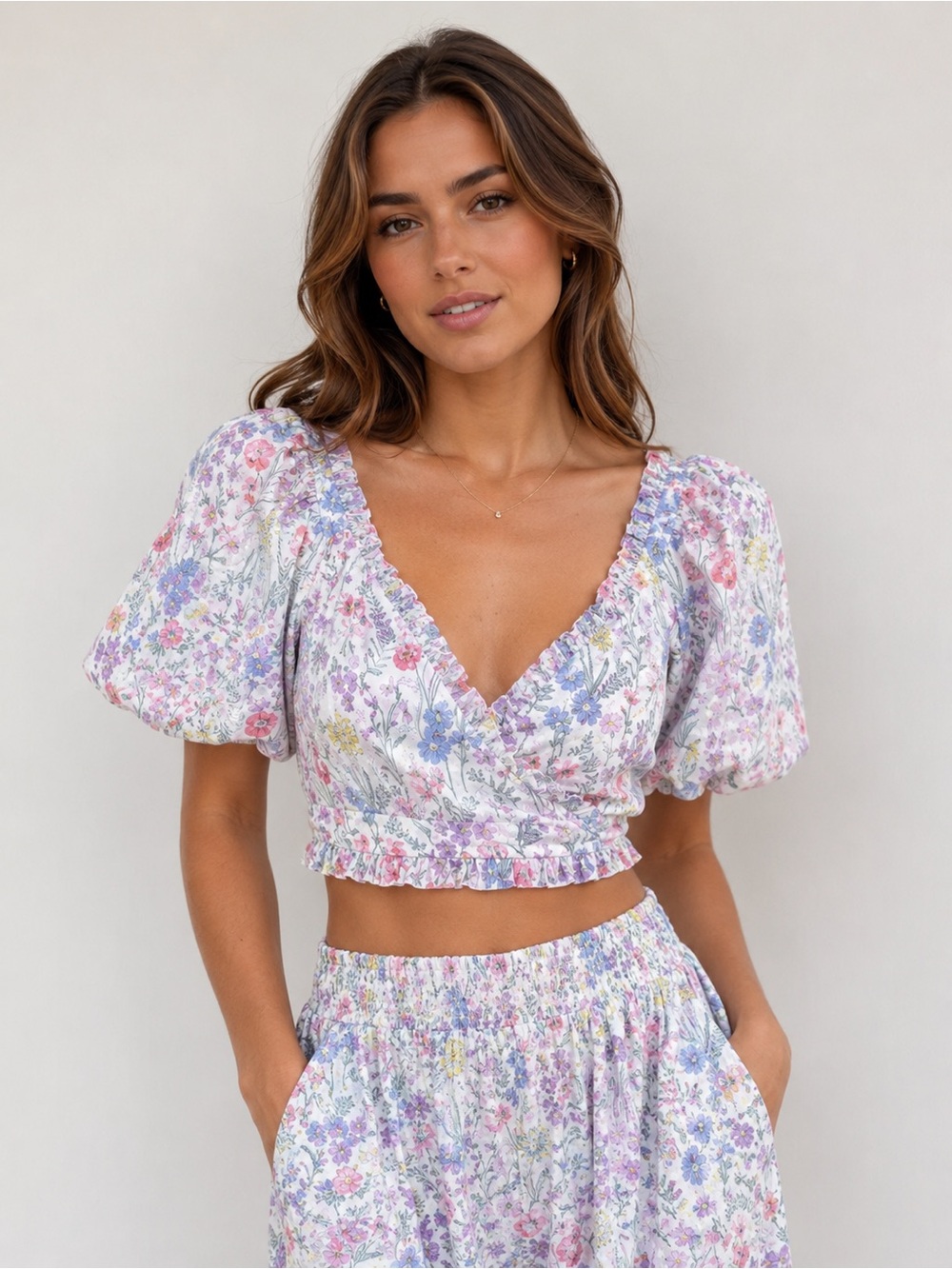 Floral Smocked Puff Sleeve Ruffle Hem Crop Top Cottagecore Boho Blouse Sz M